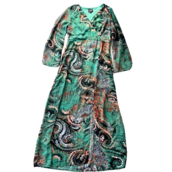 ECI NY Paisley Chiffon High Slit Maxi Dress Teal Aqua 8 Boho 70s Ethereal Chic - Picture 3 of 10